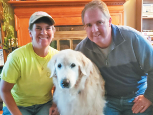 Melo with his “parents,” Anna and Rob Strasnick. By this point he was starting to feel better. 